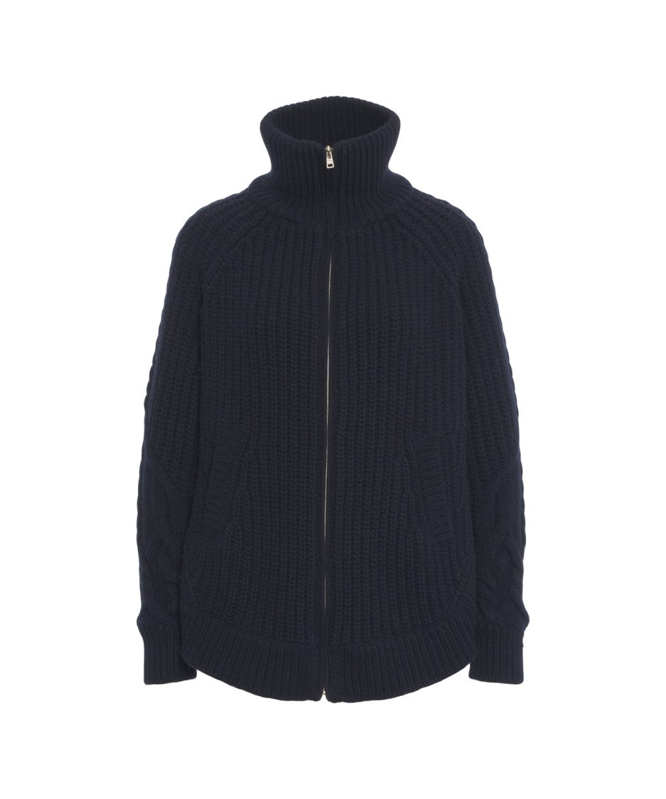 Herno High Collar Zip-Up Cardigan With Chunky Knit Front