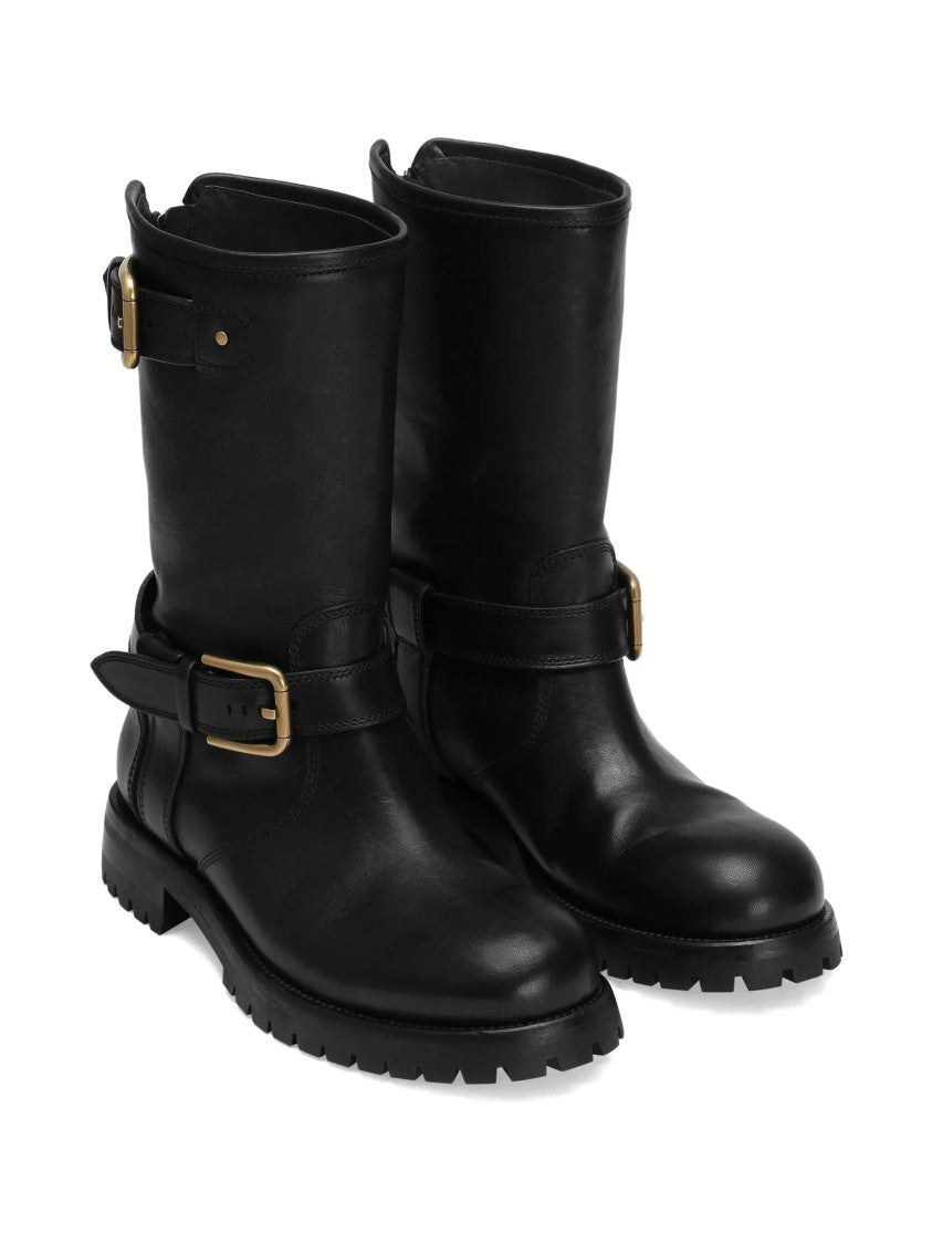 Dolce & Gabbana Black Biker Leather Gold Buckle Boots