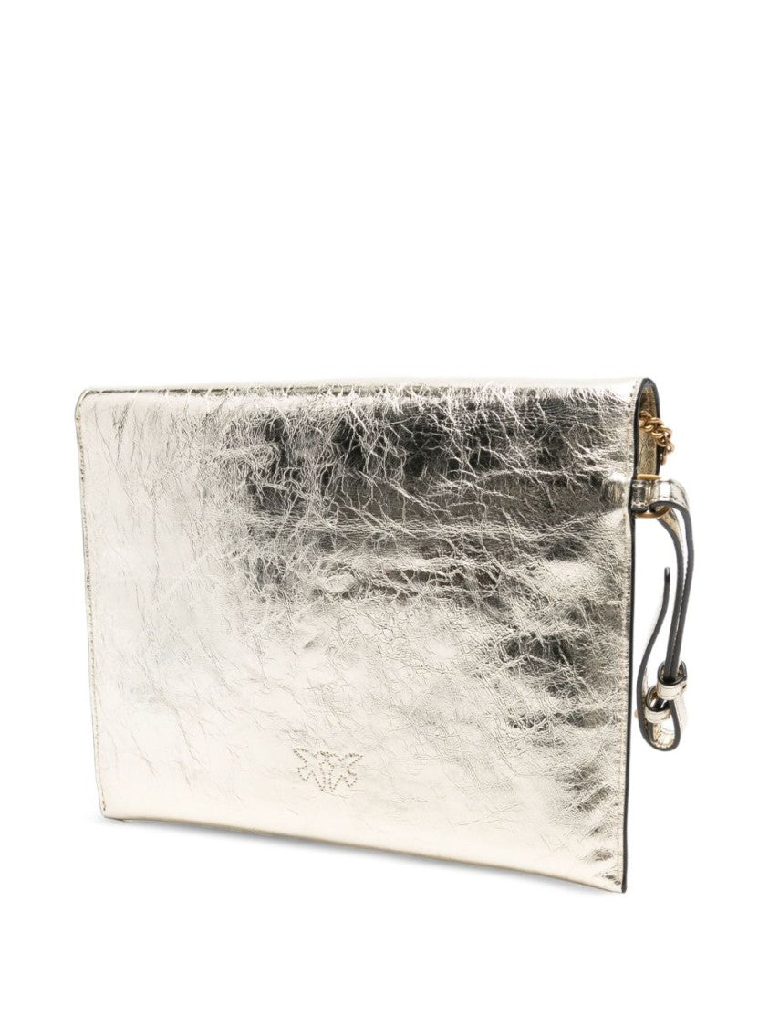 Pinko Gold-Tone Metallic Leather Flap Wallet With Chain Strap