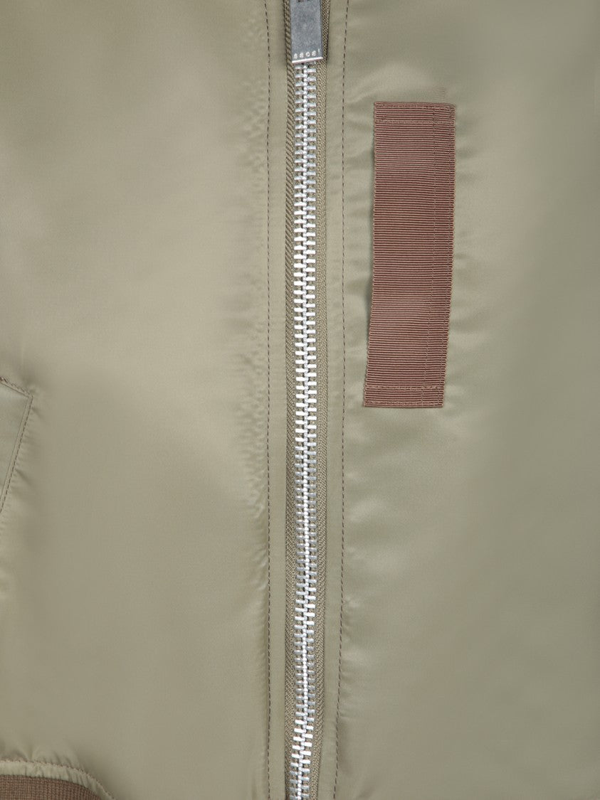 Sacai Beige Twill Jacket With Leather Accents And Zip Closure