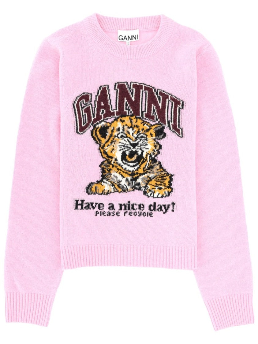 Ganni Neutral Tiger Playful Graphic Wool Sweater