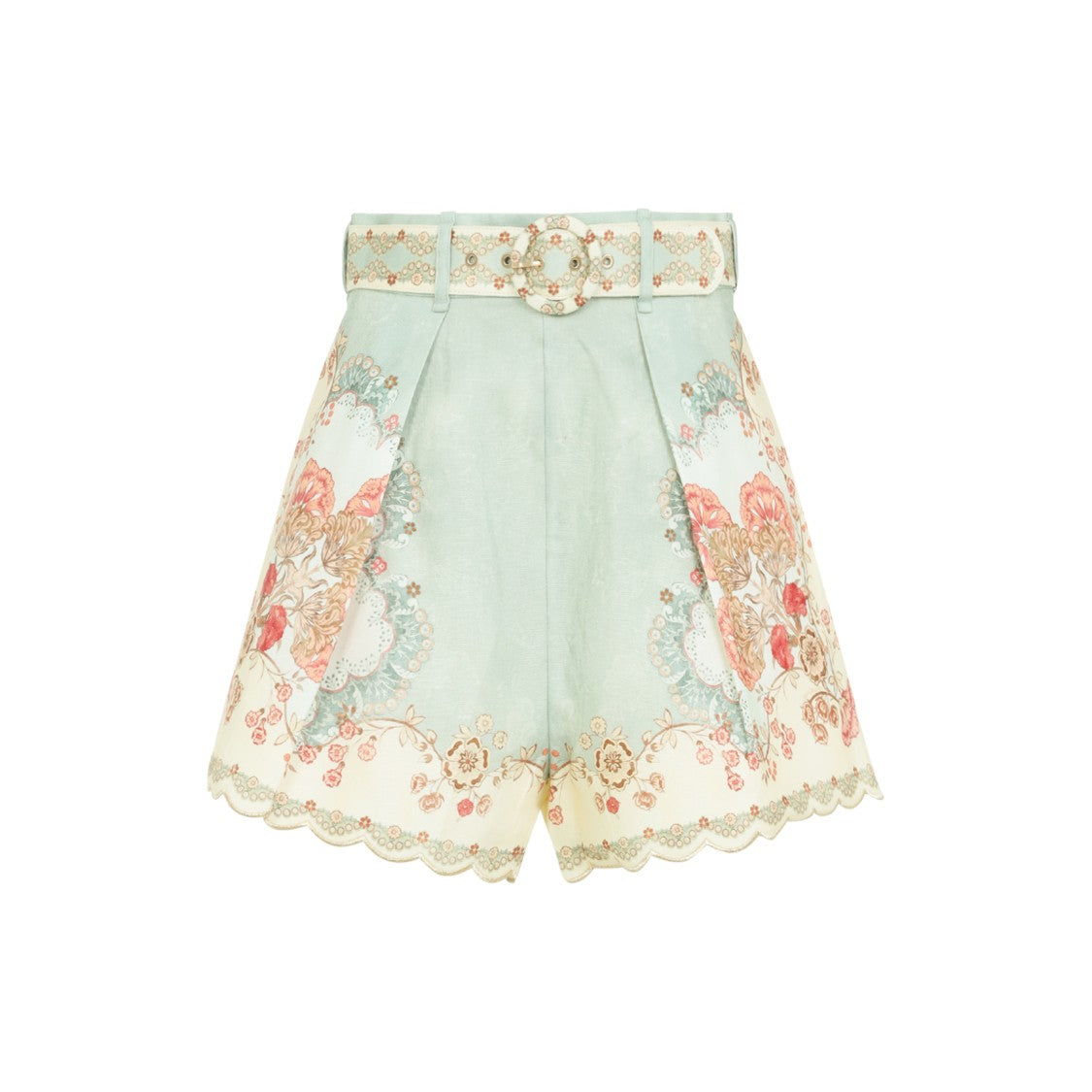 Zimmermann High-Waisted Green Linen Bermudas With Vintage Floral Embellishments