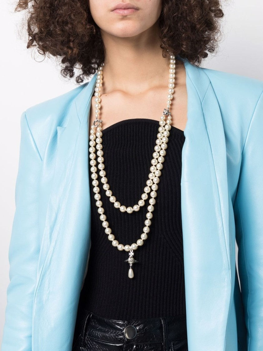 Vivienne Westwood Multi-Strand Pearl Necklace With Silver-Toned Clasp And Charm