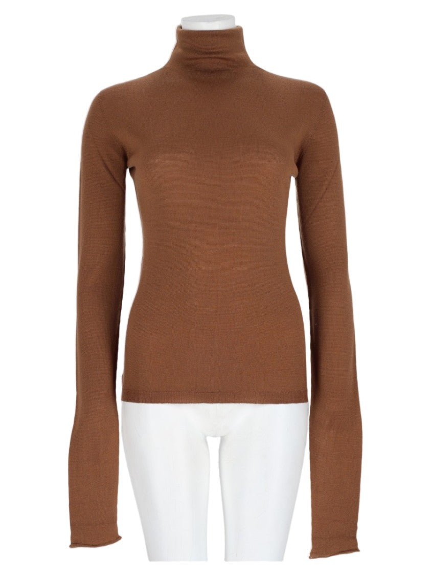 Nude Beige Fitted High-Turtleneck Wool Sweater