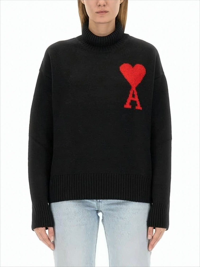 Ami Relaxed Fit Black Wool Turtleneck Sweater With Graphic Heart Motif