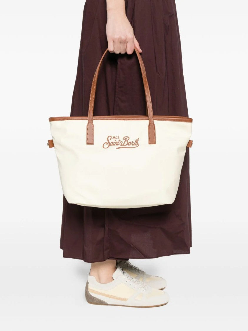 Mc2 Saint Barth Medium Ivory Nylon City Shoulder Bag With Leather Accents
