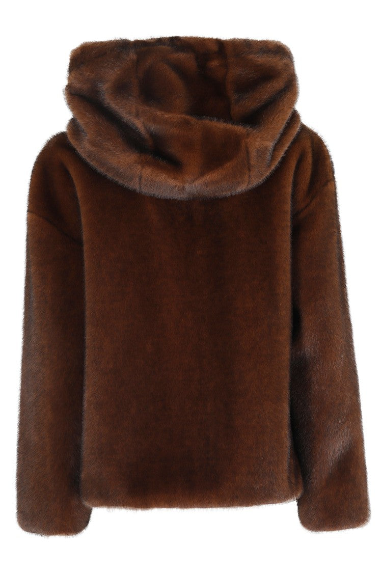 Herno Dark Brown Faux Fur Bomber Jacket With Custom Drawstring Hood