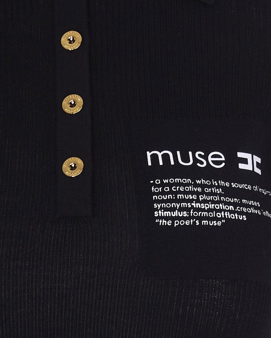 Elisabetta Franchi Black Knit Polo With Lettering Detail