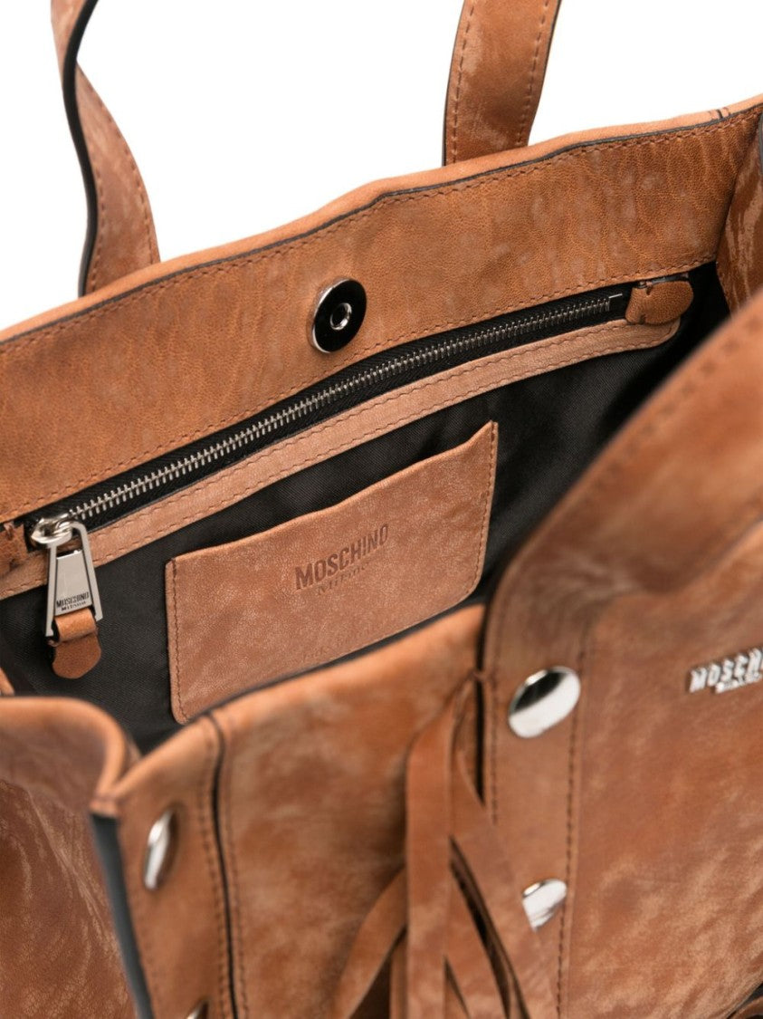 Moschino Fringe-Embellished Rectangular Brown Suede Bag