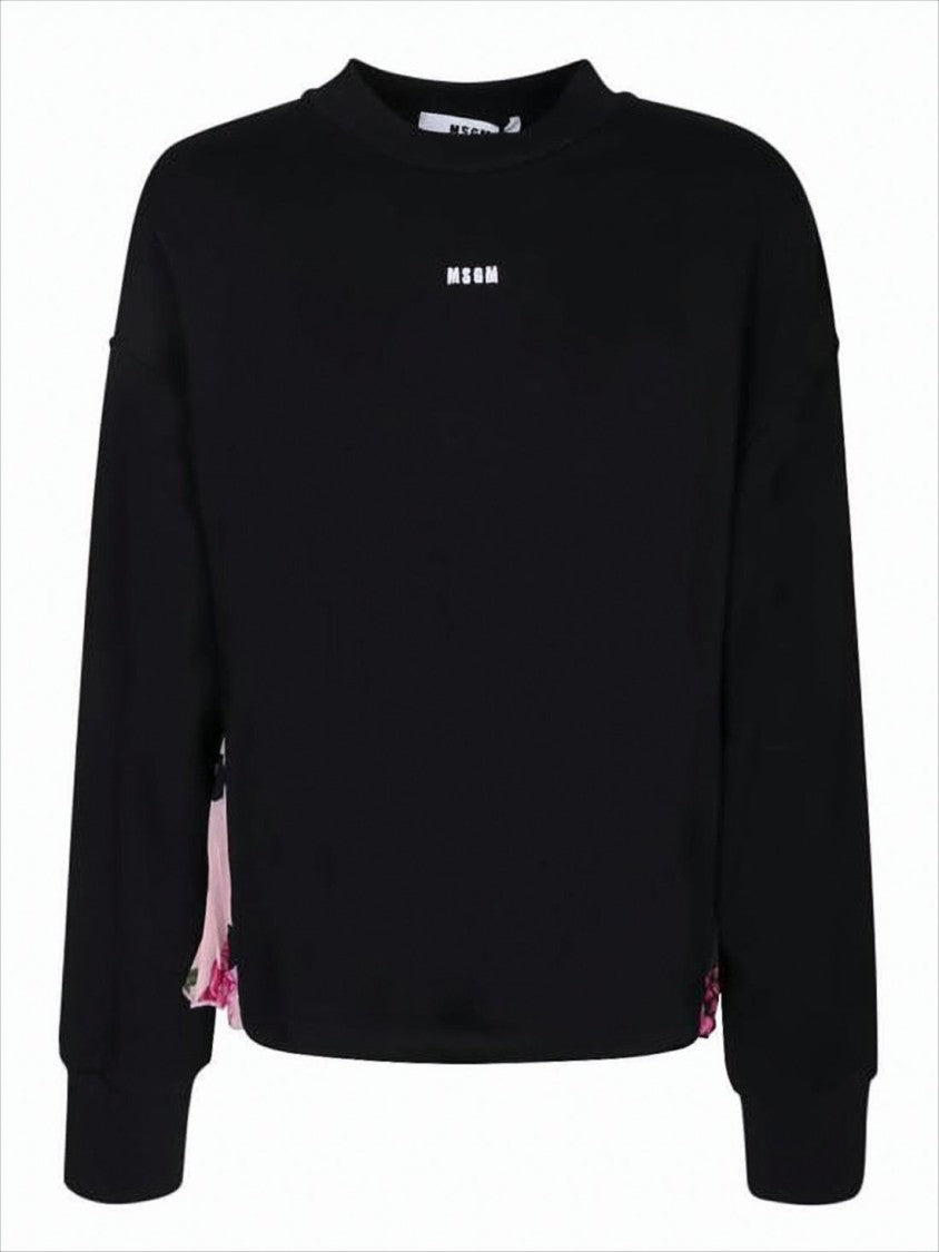 Msgm Long-Sleeve Black Top With Pleated Side Fabric