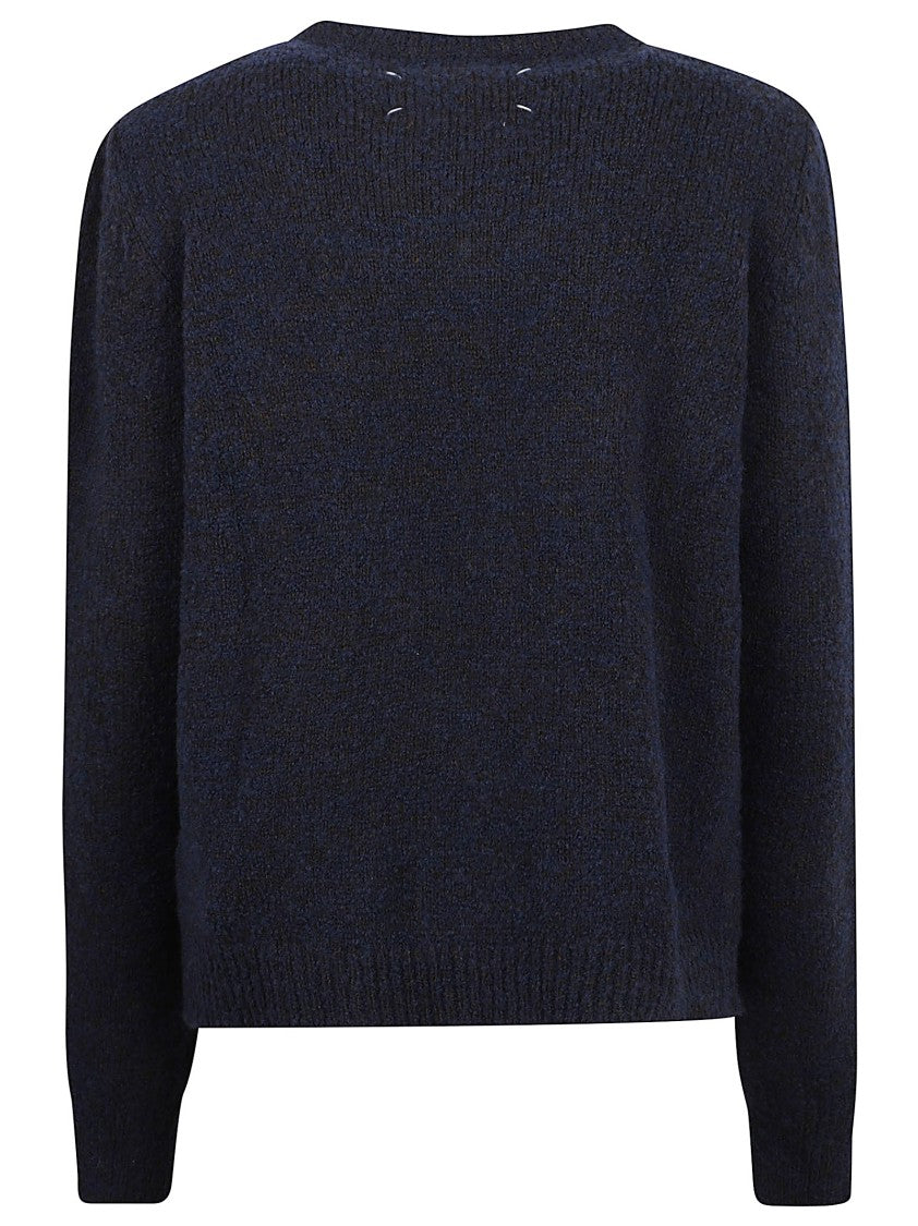 Maison Margiela Textured Knit Navy Blue Sweater With Ribbed Details