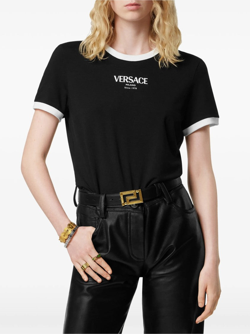 Versace Black Cropped Viscose Contrast Trim T-Shirt