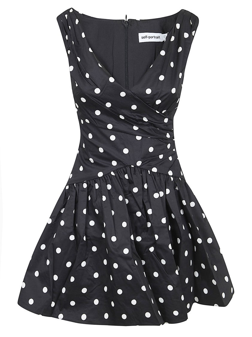 Self-Portrait Off-The-Shoulder Black Polka Dot Mini Dress With Flared Skirt