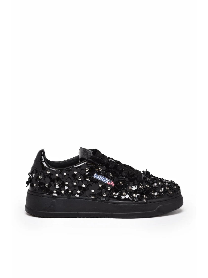 Autry Black Reflective Floral Leather-Blend Low-Top Sneakers