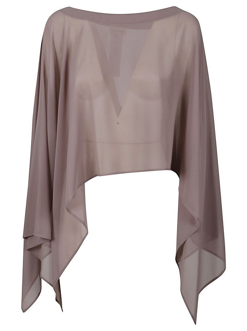 Parosh Sheer Cropped Top With Asymmetrical Draped Sleeves
