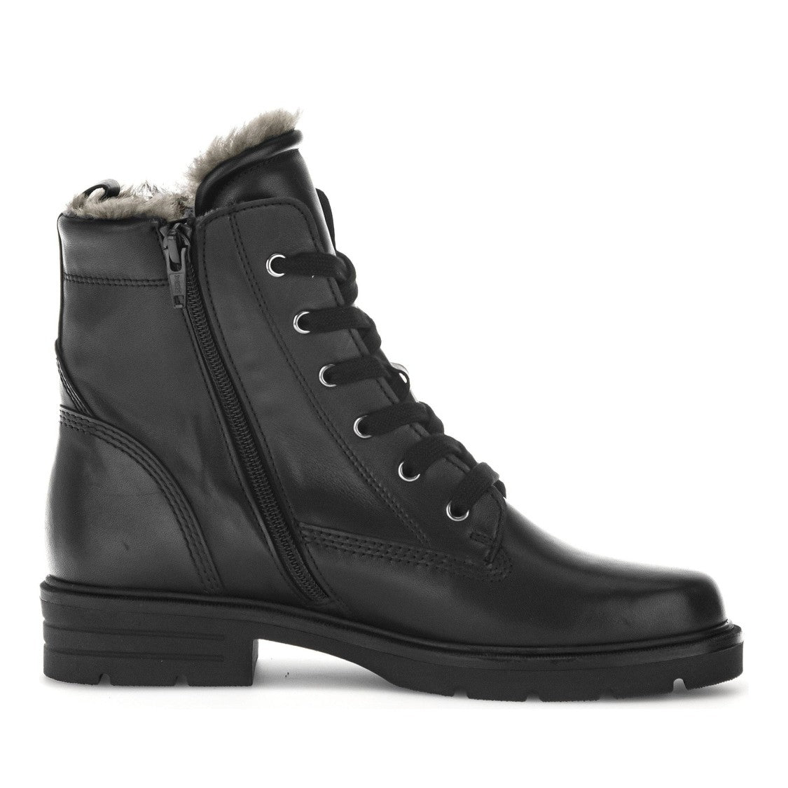 Gabor Black Lace-Up Side Zipper Leather Ankle Boots