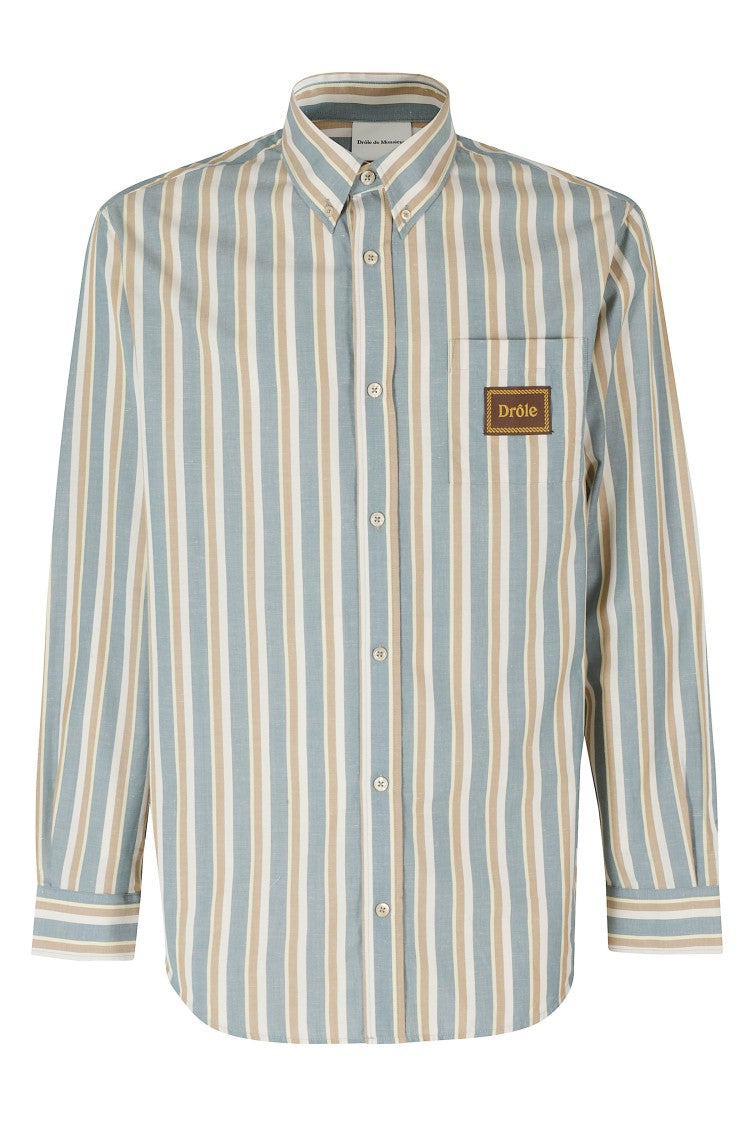 Drôle De Monsieur Aqua Green Striped Patch-Pocket Cotton Casual Shirt