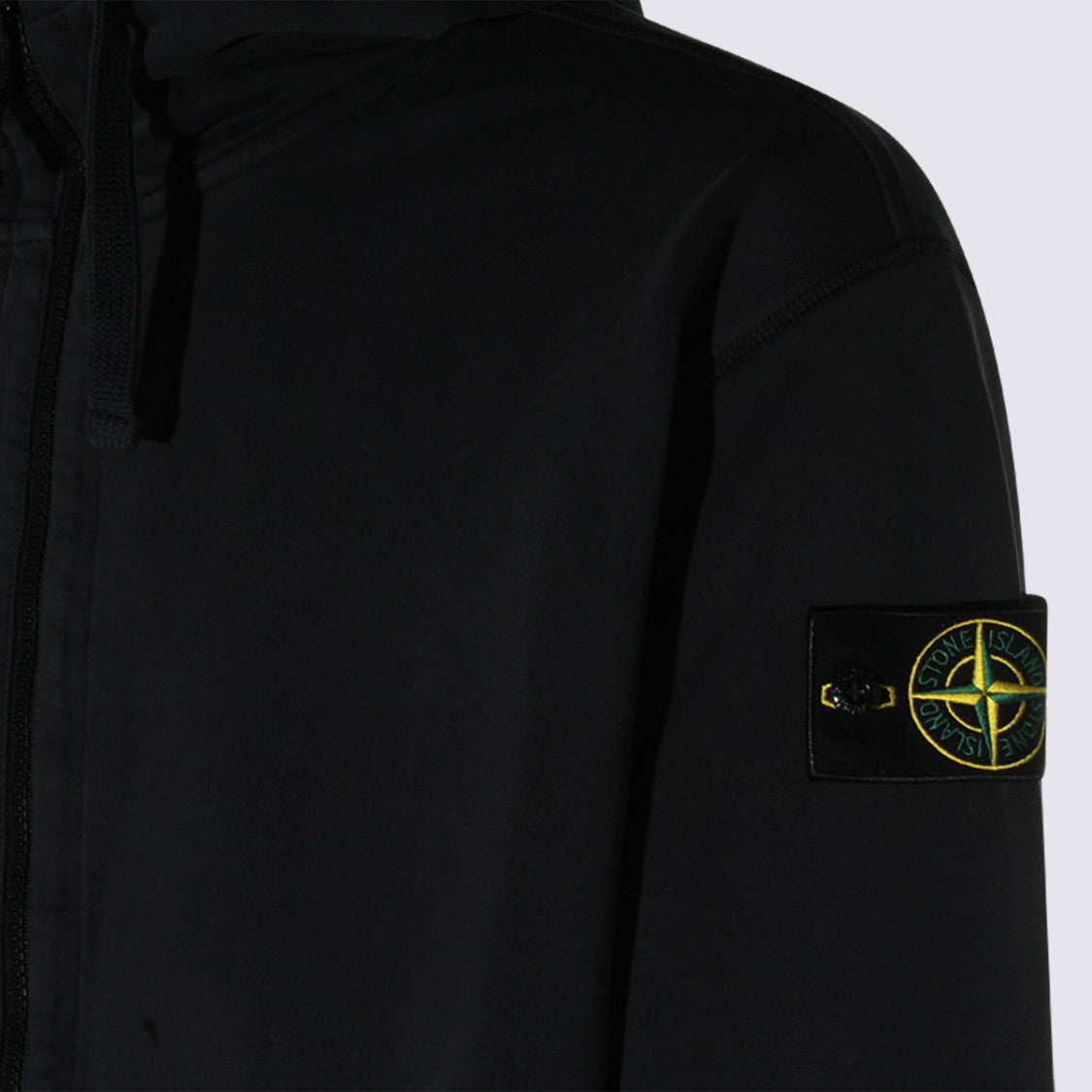 Stone Island Black Zip-Up Hoodie With High Collar And Distinctive Patch Logo