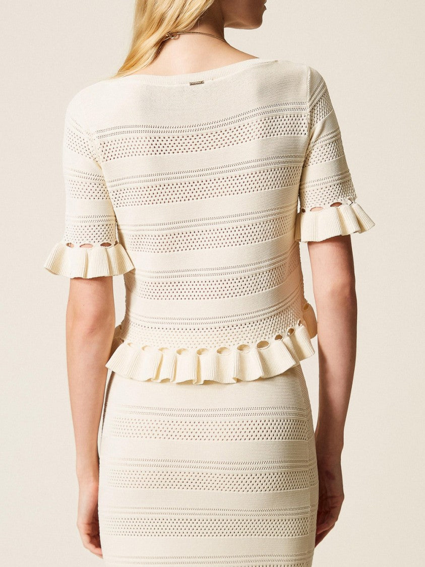 Twin-Set Short-Sleeved Knit Top With Pleated Ruffle