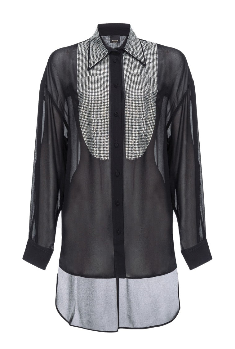 Pinko Sheer Shirt With Intricate Rhinestone Detailing And Classic Collar