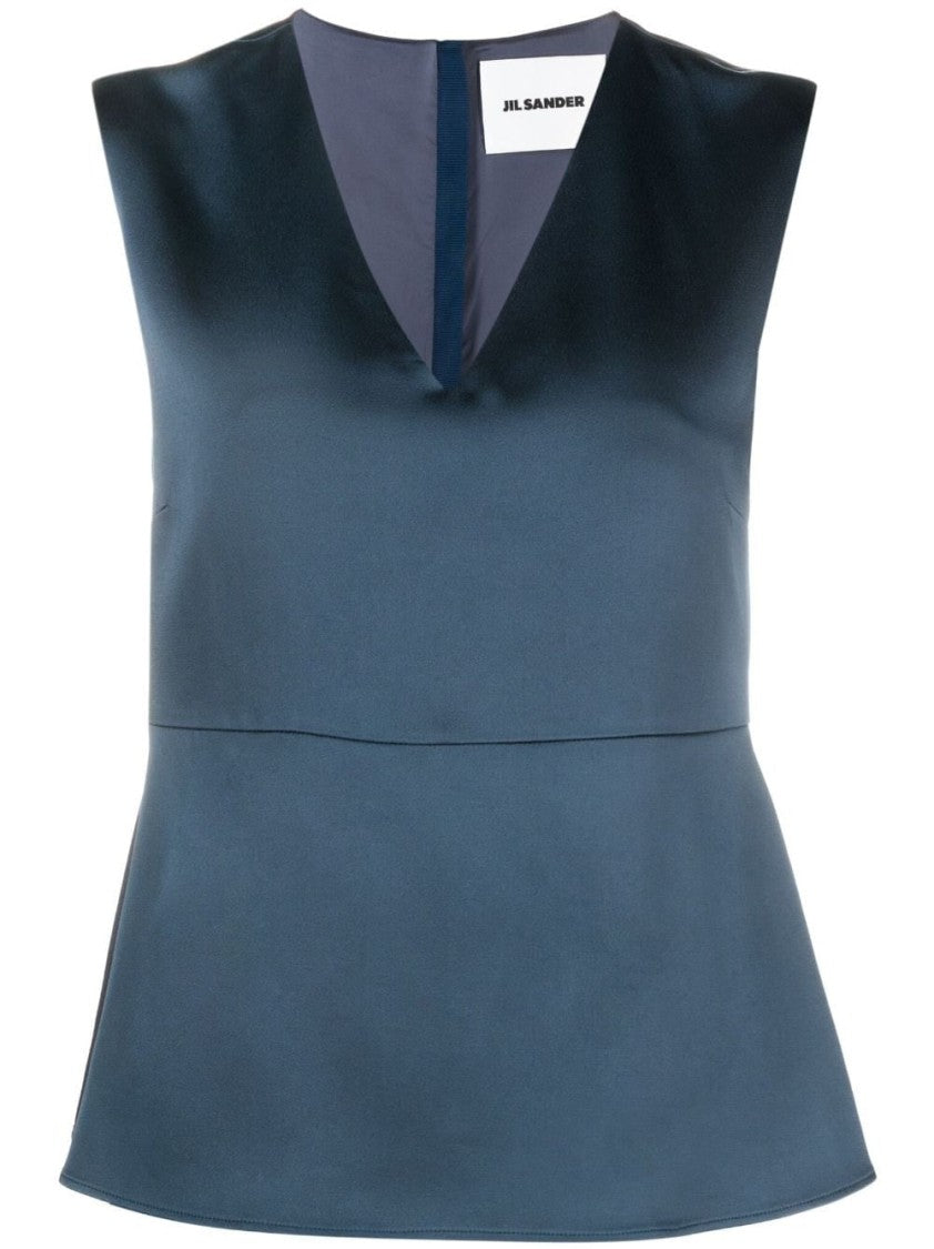 Jil Sander Smooth Blue Fabric Fitted Deep V-Neck Tank Top