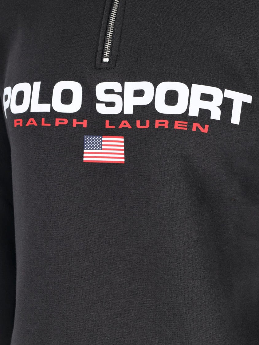 Polo Ralph Lauren Black Half-Zip Contrasting Logo Cotton-Blend Sweatshirt