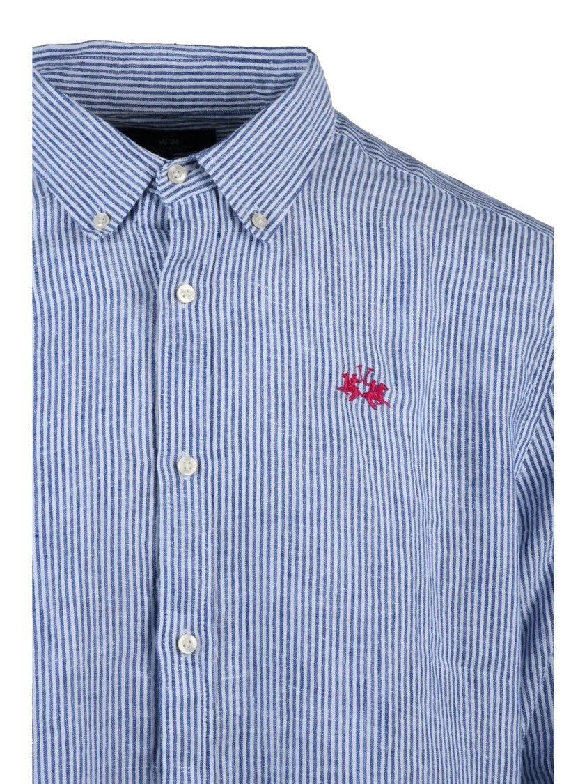 La Martina White Blue Linen Striped Shirt