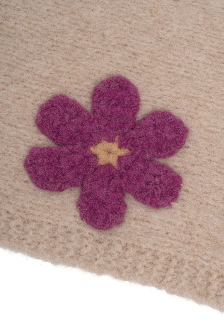 Frantic Beige Knitted Scarf With Floral Appliqués And Vibrant Fringes