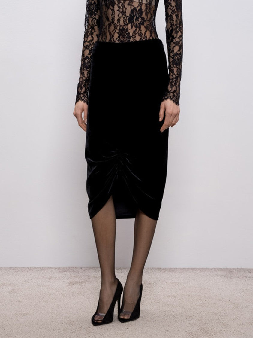 Valentino Black Fitted Gathered Front Midi Skirt