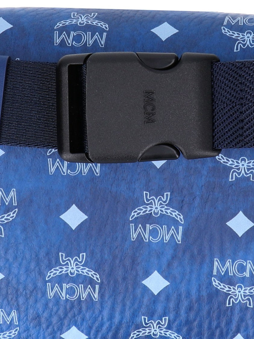 Mcm Signature Logo Print Blue Belt Bag