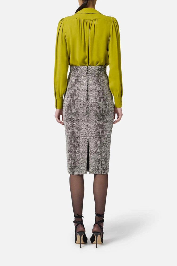 Elisabetta Franchi Grey Reptile-Print Gold Buckle Viscose-Blend Pencil Skirt