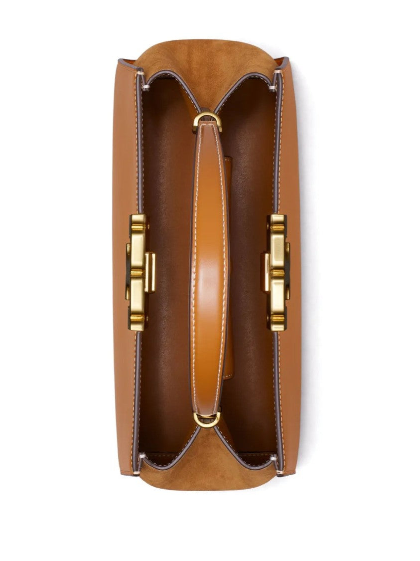 Tory Burch Structured Brown Leather Satchel With Suede Interior