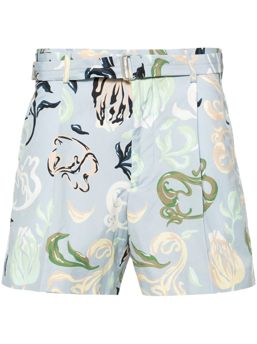 Lanvin Multicolour Abstract Floral Pattern Belted Cotton Shorts