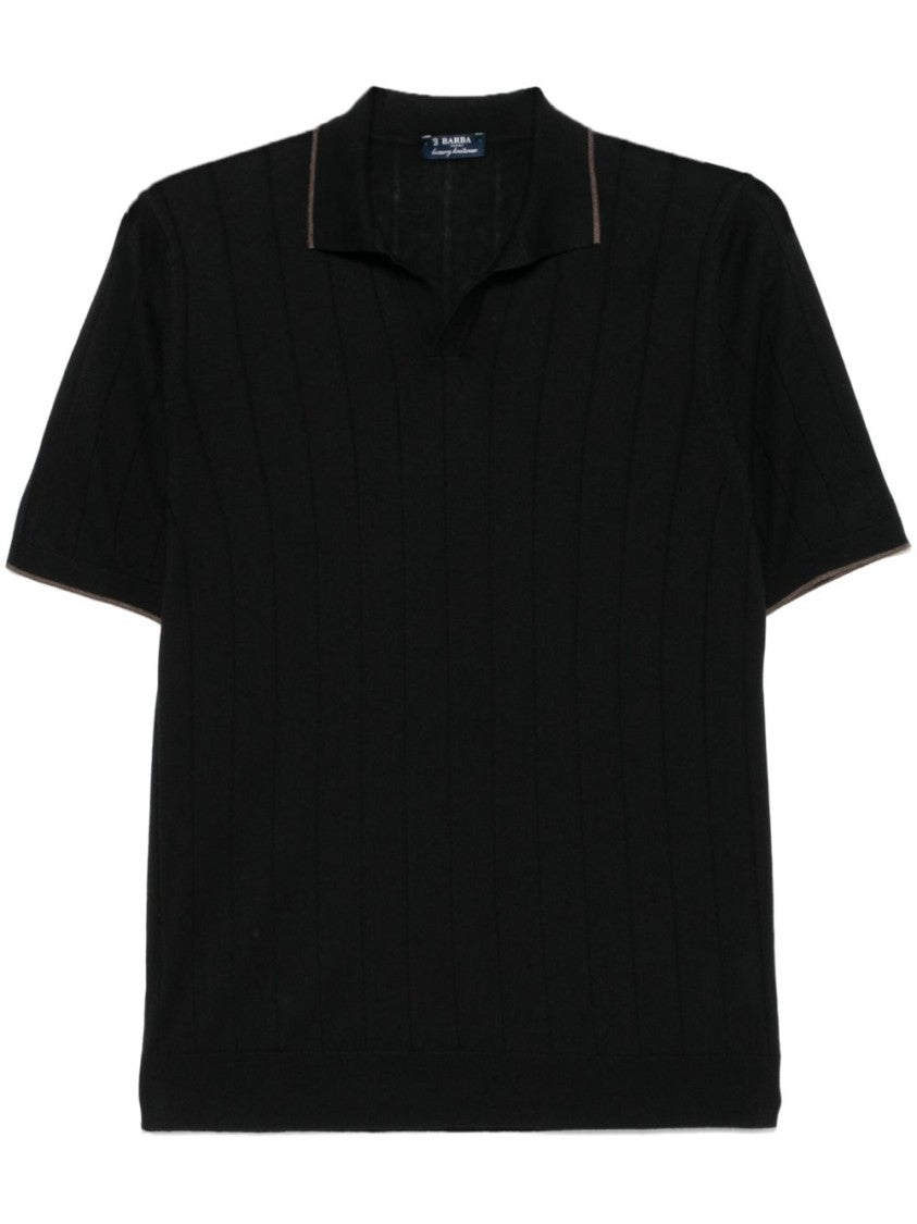 Barba Ribbed Black Polo With Classic Collar