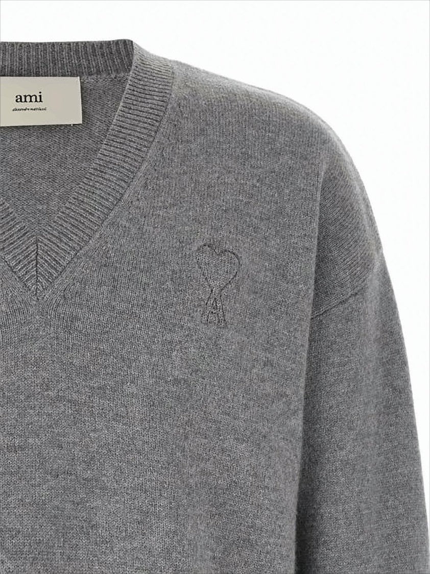 Ami Grey Knit Sweater With V-Neckline