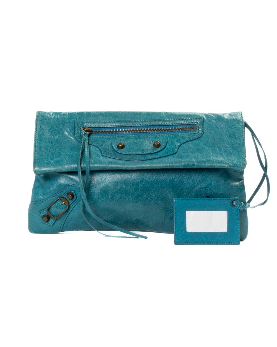 Balenciaga City Small Green Textured Leather Clutch
