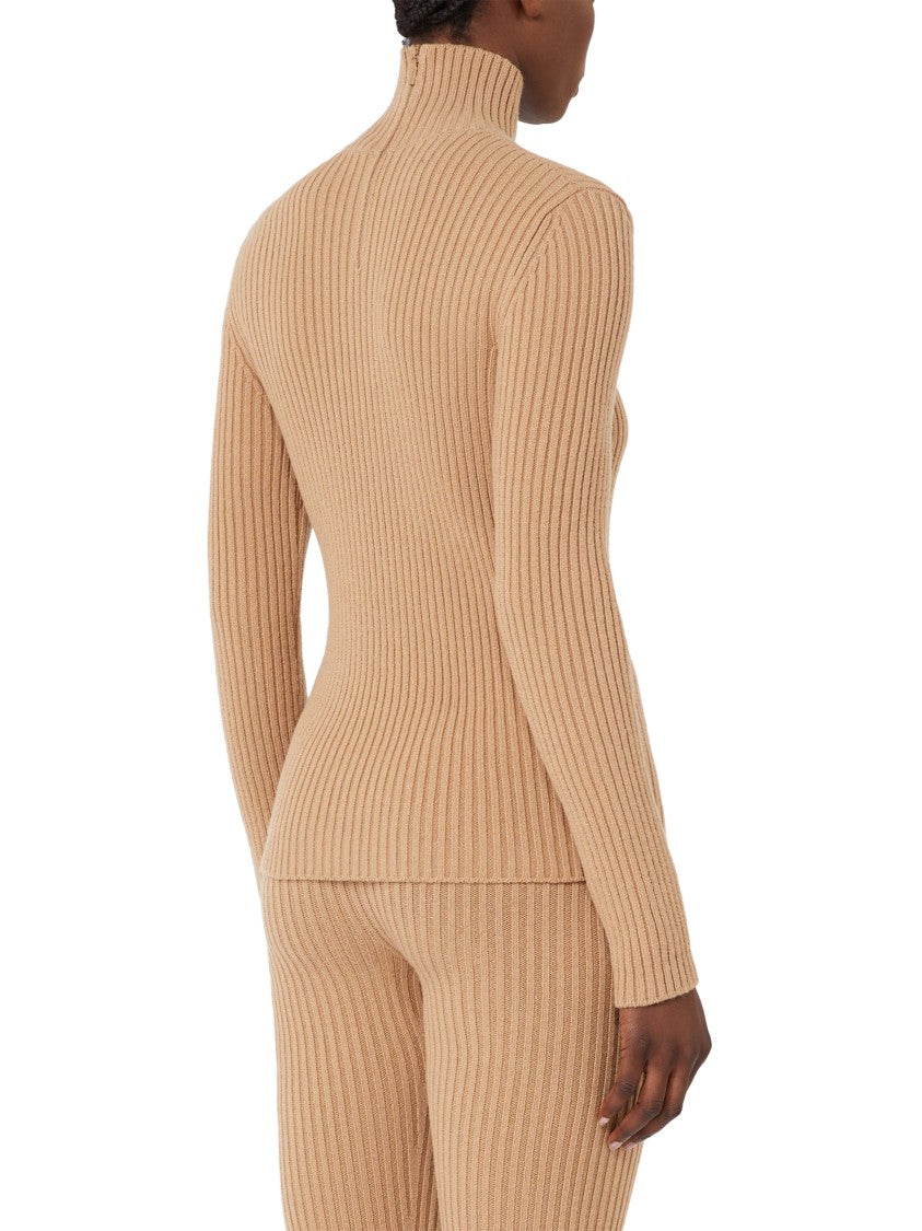 Max Mara Classic Brown Knit Sweater With Ribbed Details