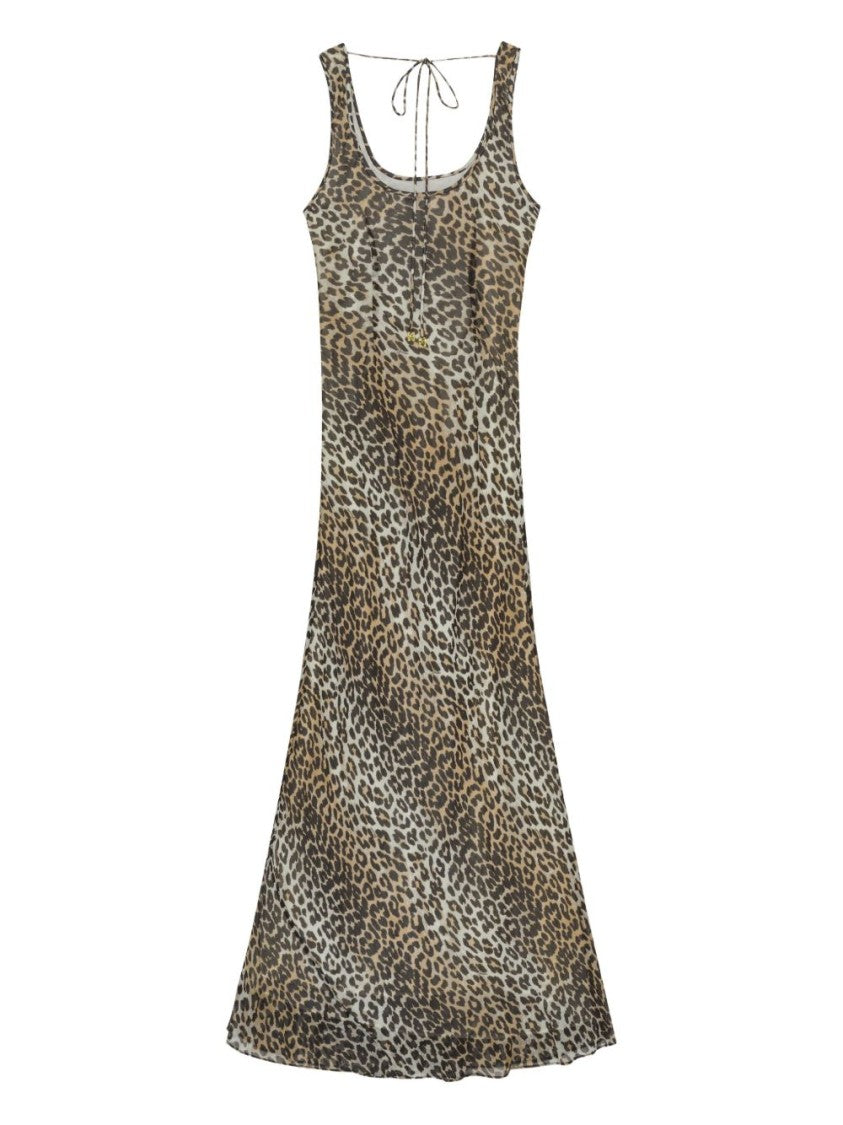 Ganni Leopard Print Maxi Dress With Scoop Neckline
