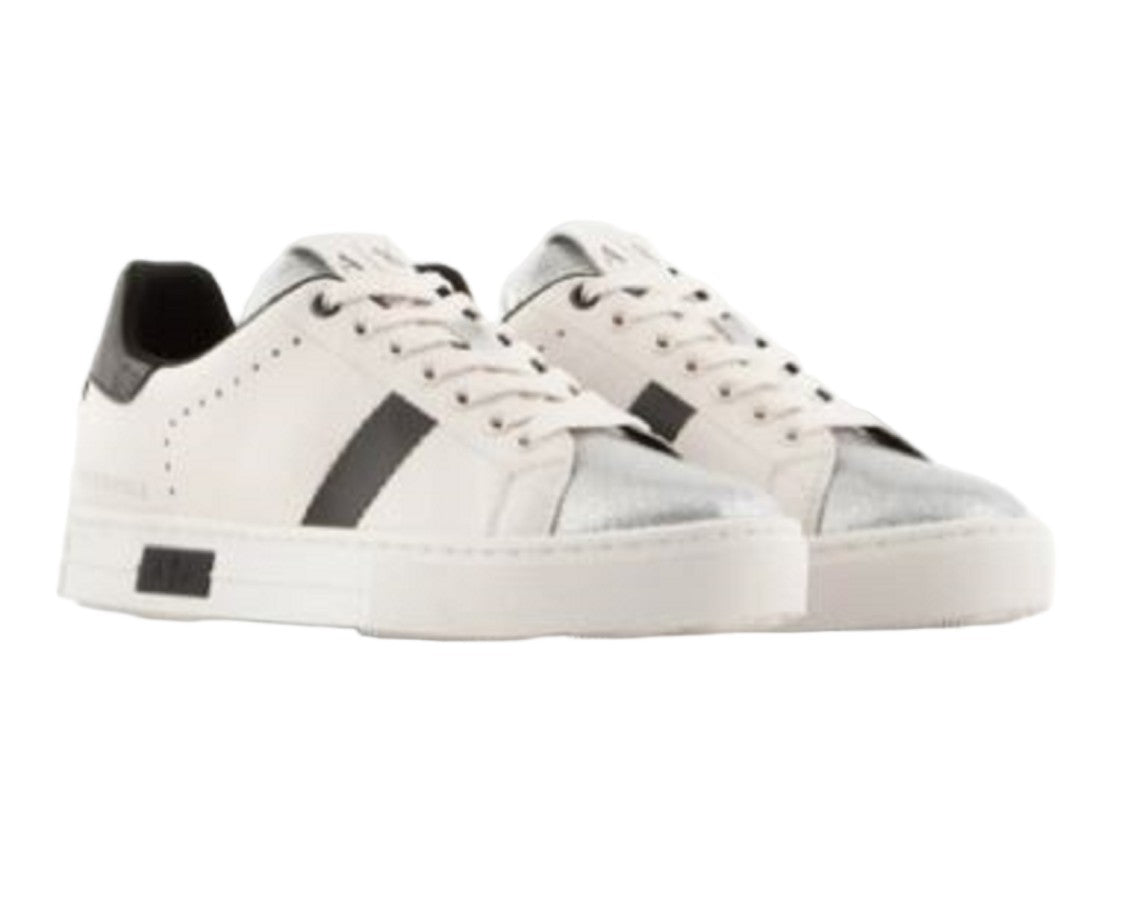 Armani Exchange White Cow Leather Metallic Laced Sneakers