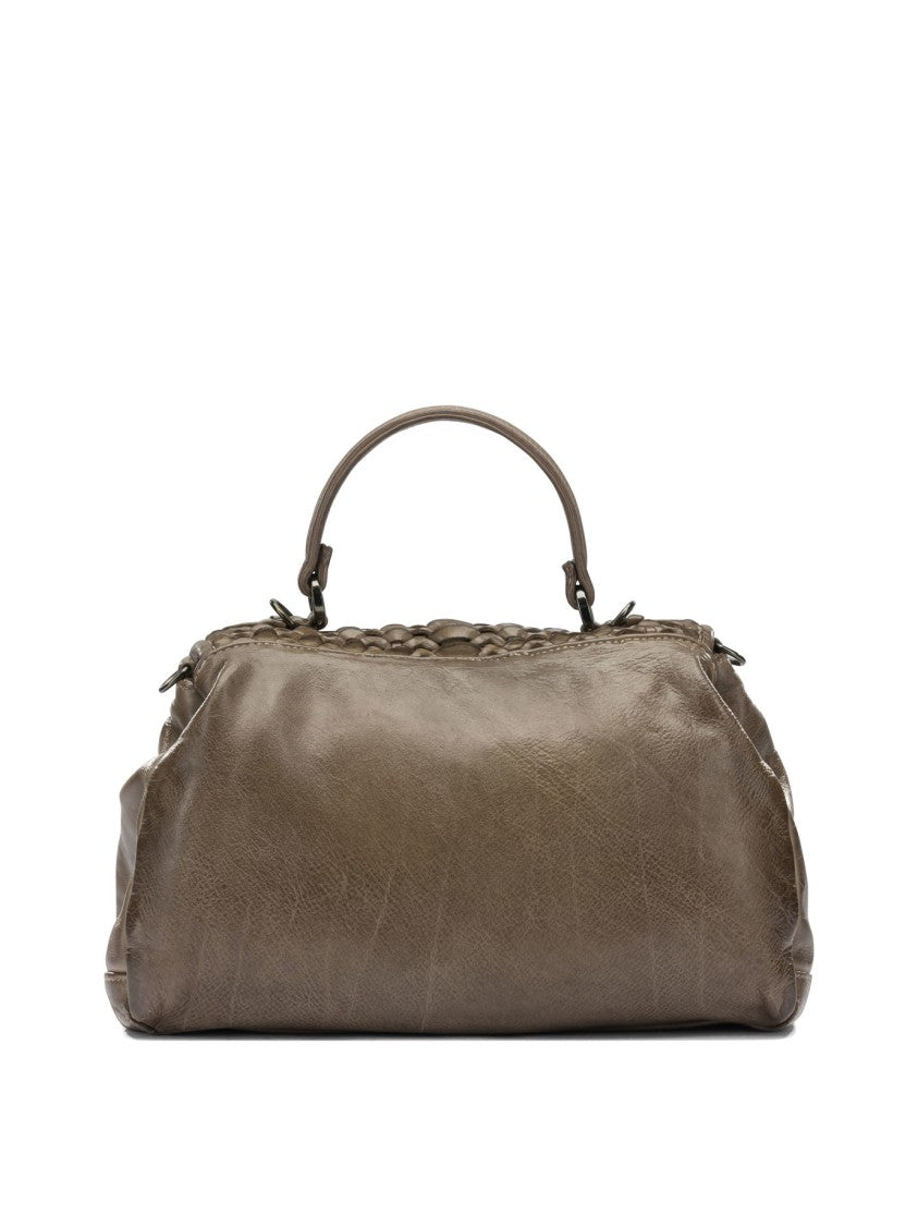 Giancarlo Nevola Medium Brown Leather Handbag With Woven Flap And Versatile Carrying Options