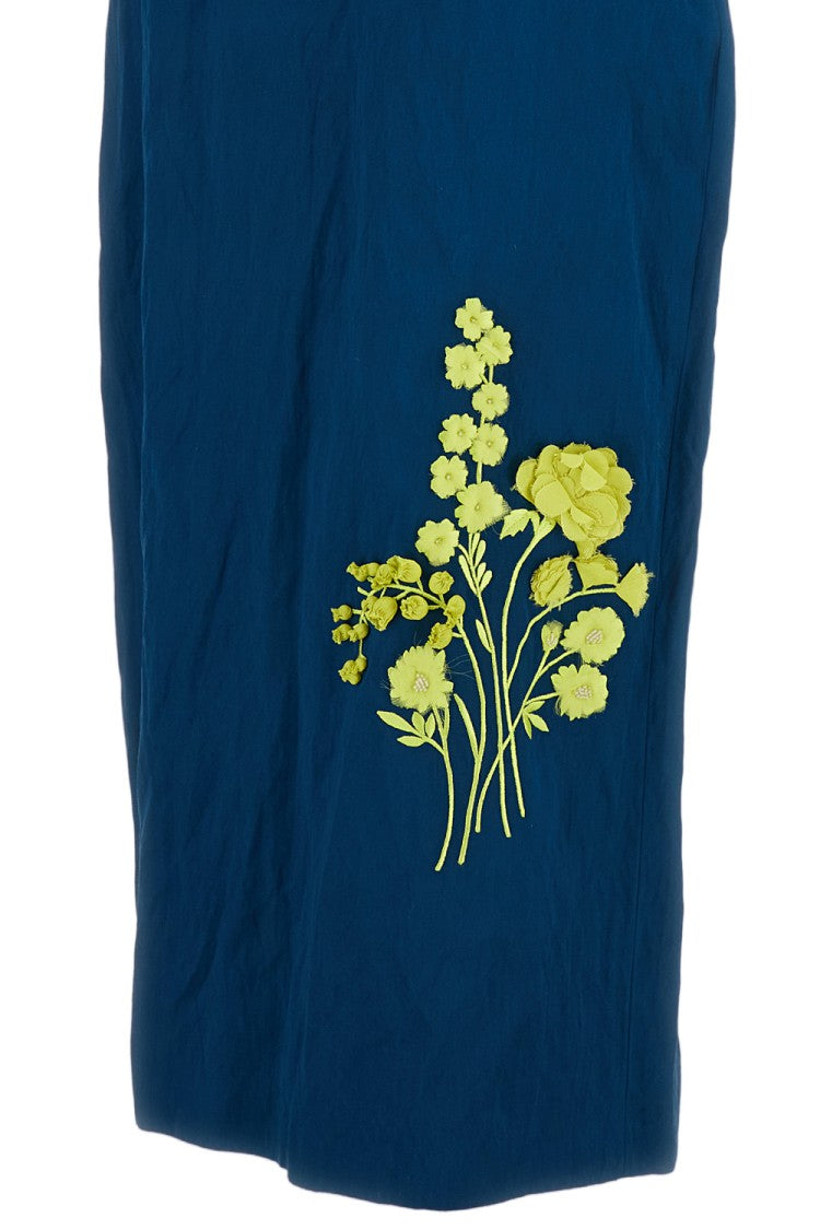 Erdem Blue Embroidered High-Waisted Satin Midi Pencil Skirt