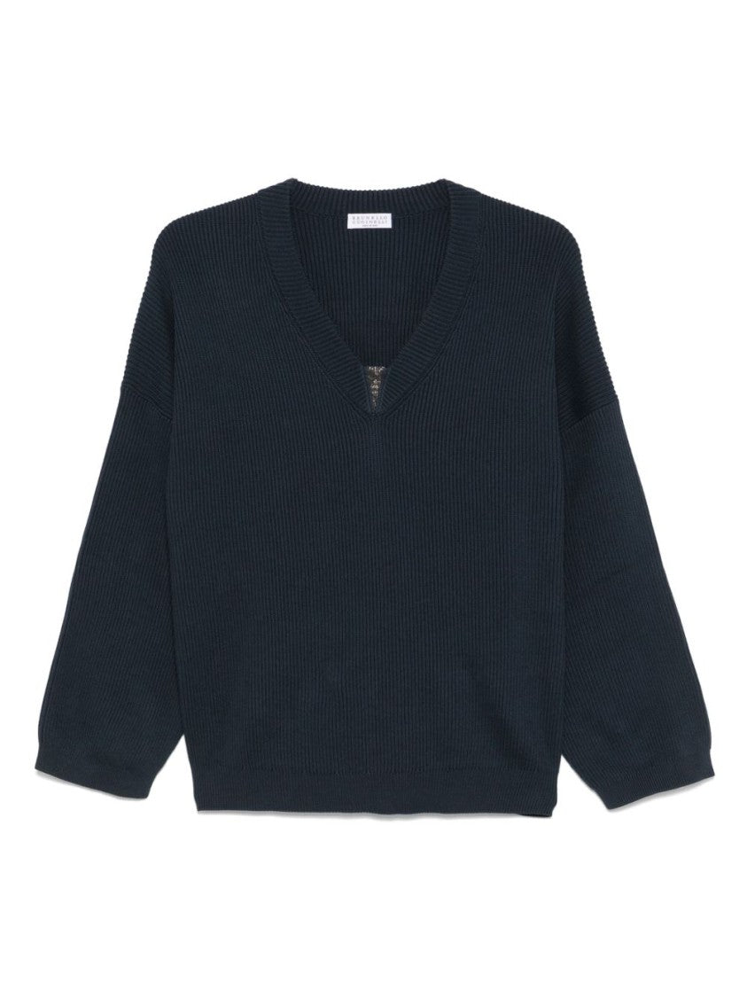 Brunello Cucinelli Ribbed V-Neck Sweater With Jewel Embellishments