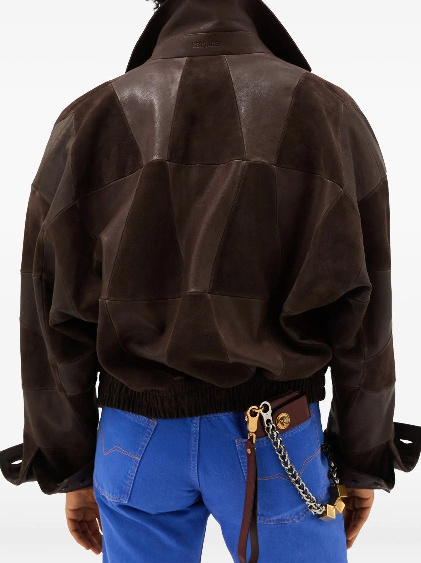 Versace Brown Blouson Leather Patchwork Cropped Jacket