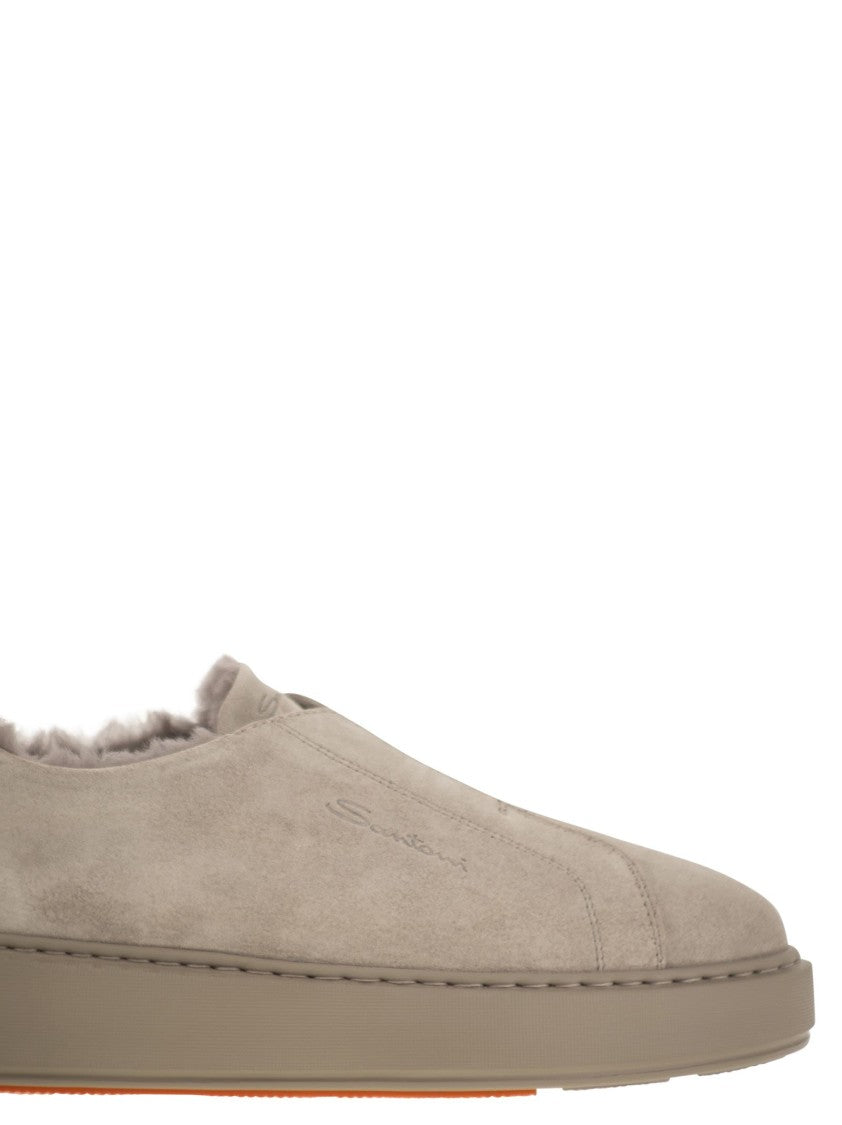 Santoni Slip-On Suede Sneakers With Fur