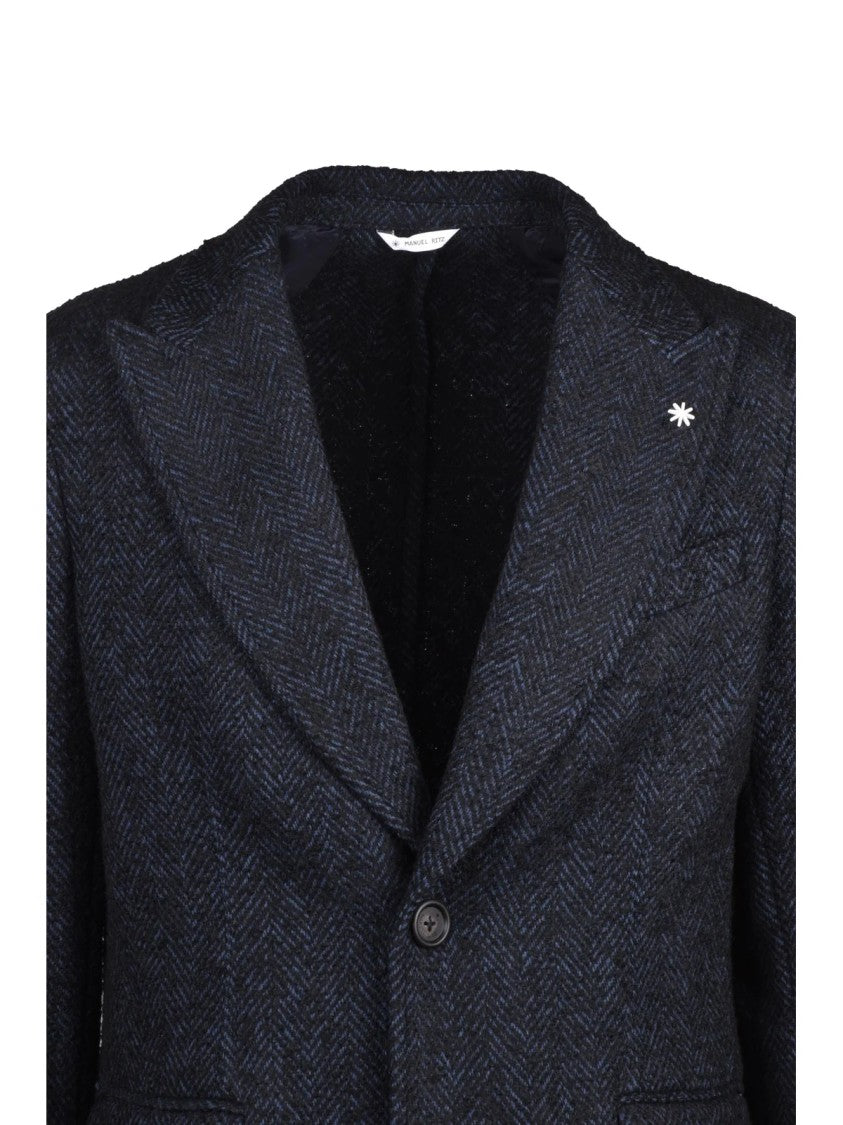 Manuel Ritz Blue/Black Tailored Herringbone Polyester-Blend Coat