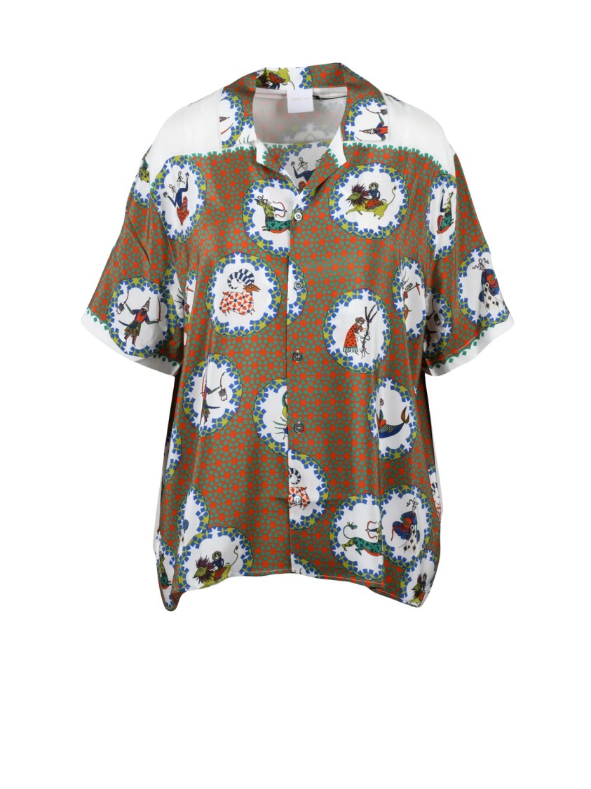 Rumi Su Multicolor Whimsical Motif Short-Sleeve Silk Shirt