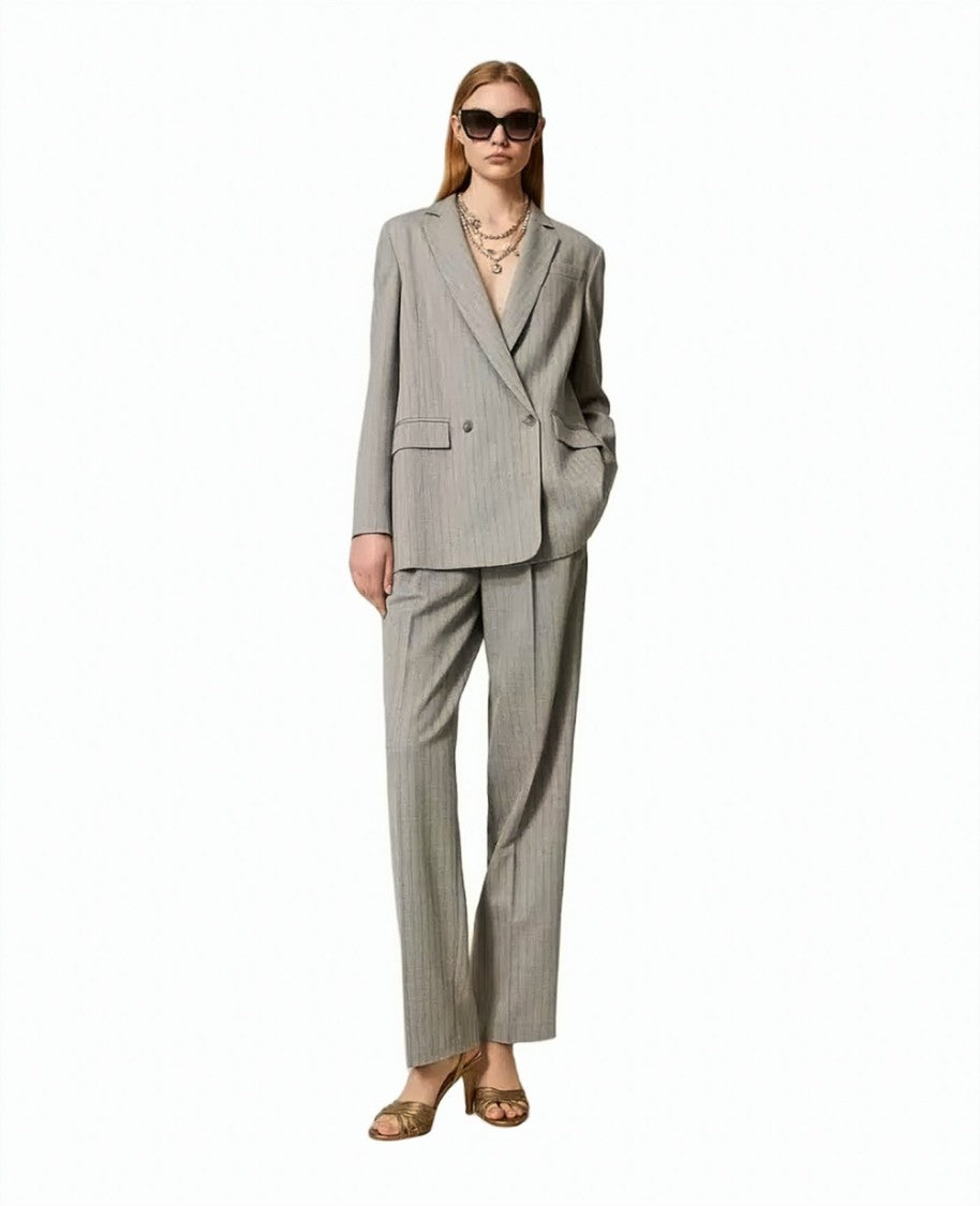 Twin-Set Gray Pinstripe Wool-Blend Overlapping Waistband Straight-Leg Pants