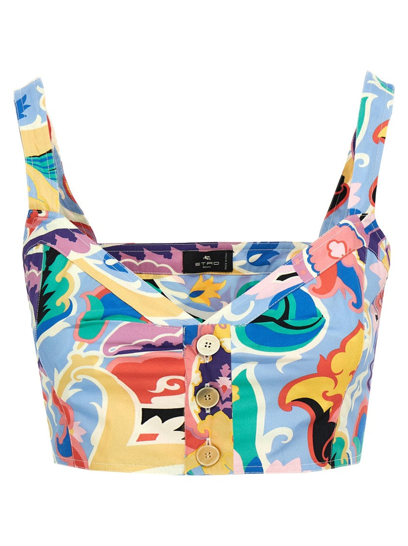 Etro Paisley-Print Cotton Top With Sweetheart Neckline