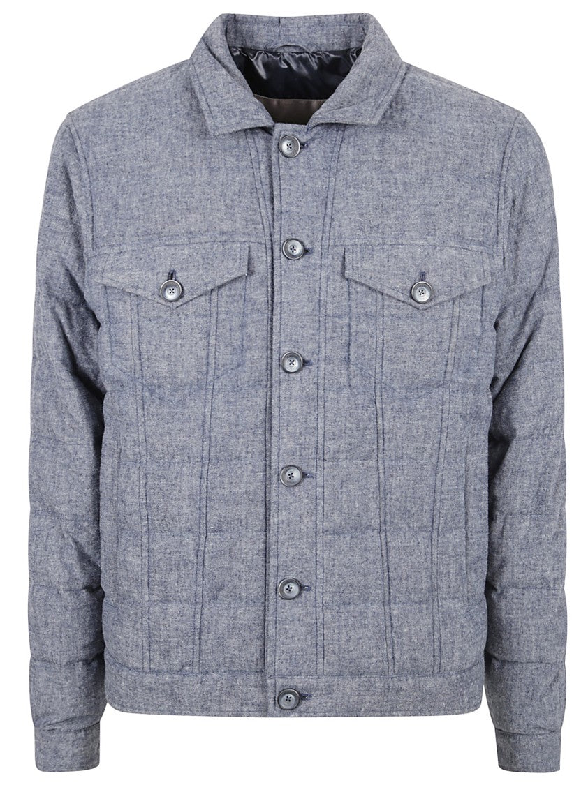 Herno Textured Quilted Blue Coat With Button-Up Front