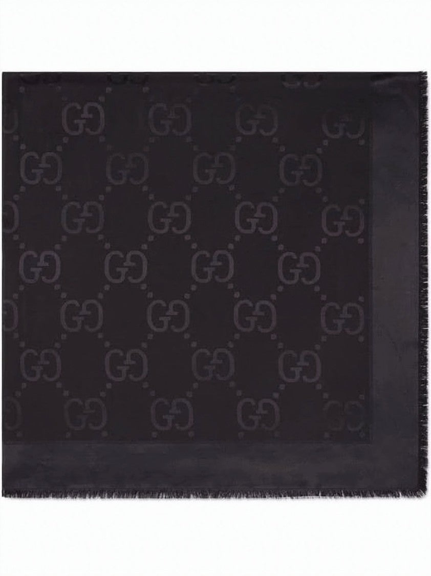 Gucci Black Gg Patterned Rectangular Scarf With Fringed Edges